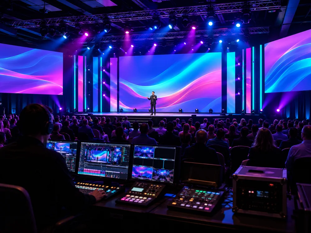 Bright event production scene with stage, screens, lighting and technical control
